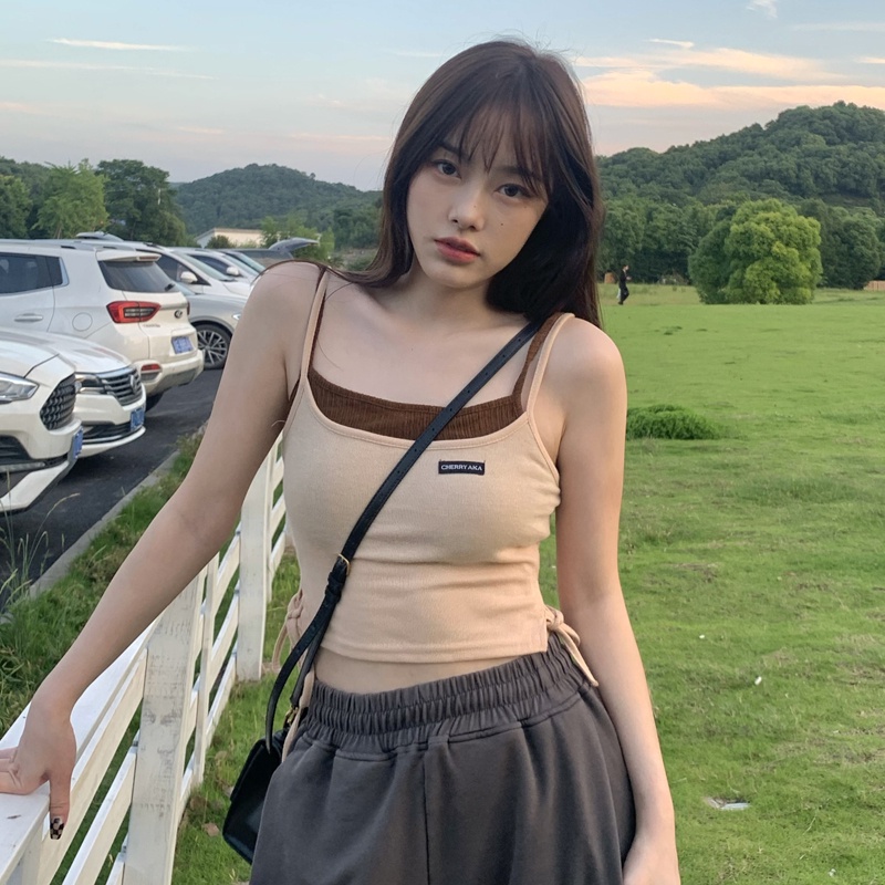 Áo Tank Top Giả Hai Lớp Dáng Ngắn Phong Cách Retro Mùa Hè Cho Nữ