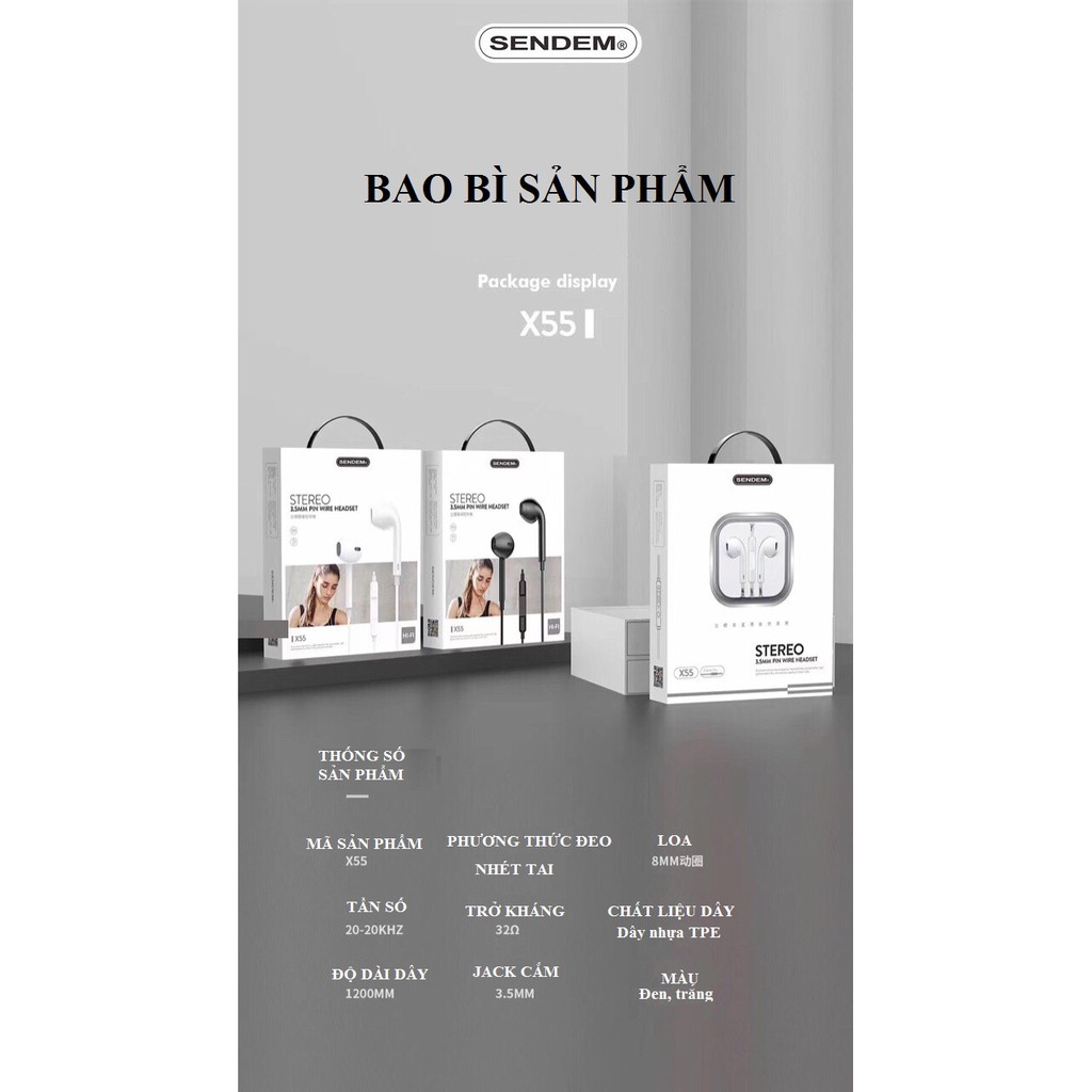 Tai nghe nhét tai SENDEM X55 Âm thanh siêu âm - Bass cực hay - Hàng chính hãng
