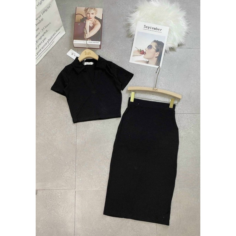 Sét bộ áo croptop cổ bẻ trơn phối chân váy dài cực xinh , chất thun bozip mềm mịn
