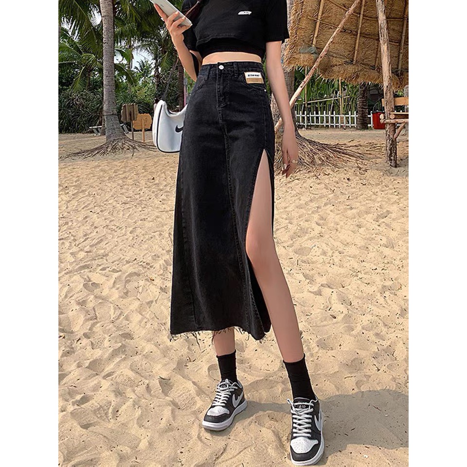 Chân Váy Bò Dài Xẻ Tà ,Váy Jeans Chữ A DENIM cạp cao