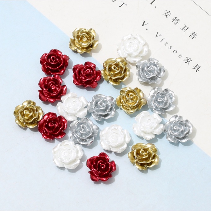 Mẫu charm hoa hồng 12mm đỏ trắng vàng kim và bạc cho các bạn trang trí ốp điện thoại, kẹp tóc, DIY