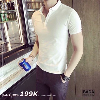 Áo thun nam cổ bẻ chất soái ca white atn70