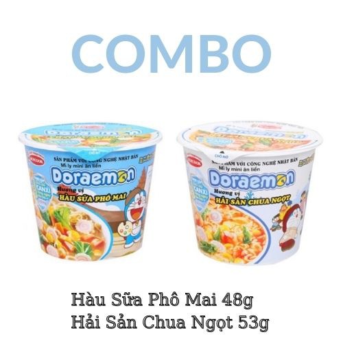 [COMBO 2 ly ] Mì ăn liền cho Bé Doraemon vị Hàu Sữa Phô Mai 48g và Hải Sản Chua Ngọt 53g