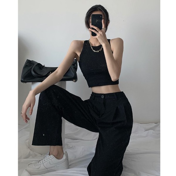Áo croptop len tăm sát nách thời trang nữ , thun tăm cổ tròn 3 lỗ nữ ulzzang The Kim A121