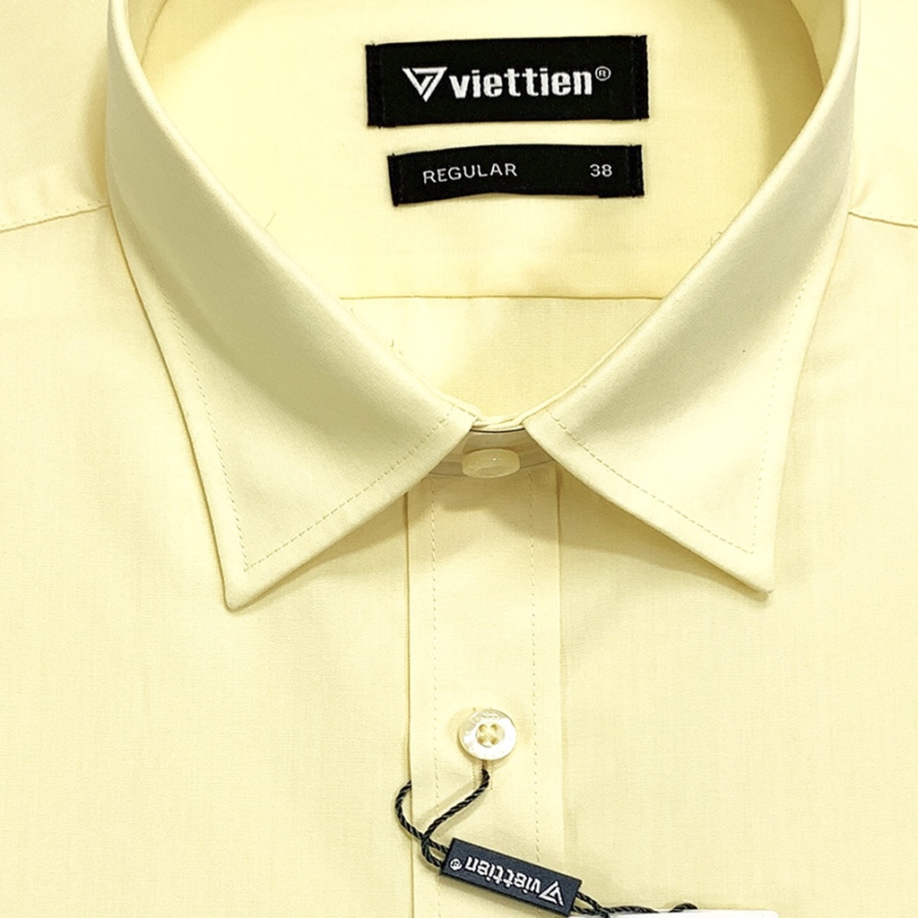 Viettien - Áo sơ mi nam ngắn tay vạt bầu màu vàng chanh regular phom rộng - Áo sơ mi công sở nam Việt Tiến
