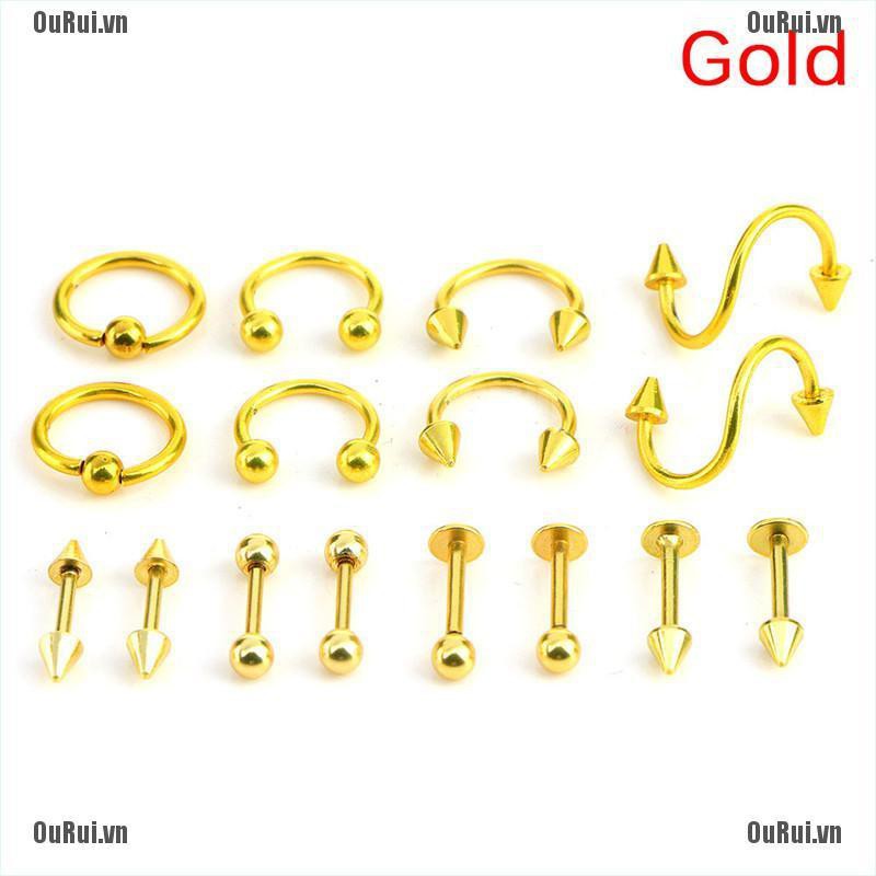 Bộ 16 khuyên xỏ cơ thể thép không gỉ kiểu dáng cá tính