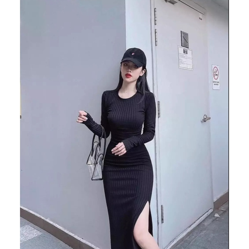 Váy ôm body nữ cổ tròn xẻ tà bên tay dài 1 màu đen chất thun gân mềm mịn co giãn tốt, váy ôm nữ bodyMIDORI247