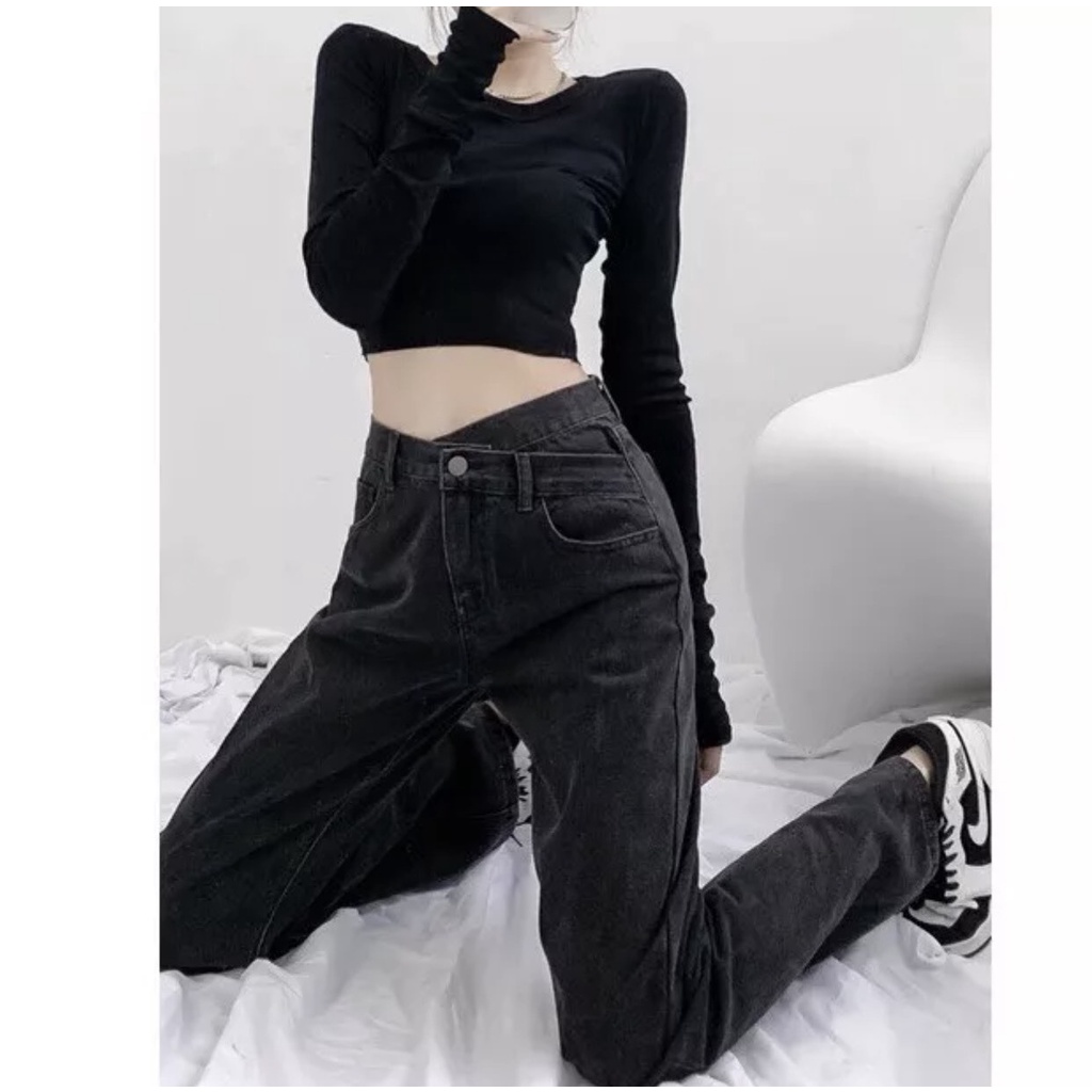 Quần Jeans nữ ống suông dáng rộng chéo eo Emilyshop thời trang nữ ulzzang