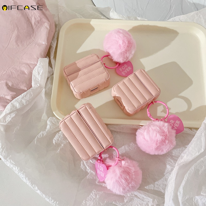 Vỏ Bảo Vệ Hộp Sạc Tai Nghe Airpods 1 2 3 Pro Kết Nối Bluetooth Không Dây Chất Liệu Da Màu Hồng Phối Lông Dễ Thương