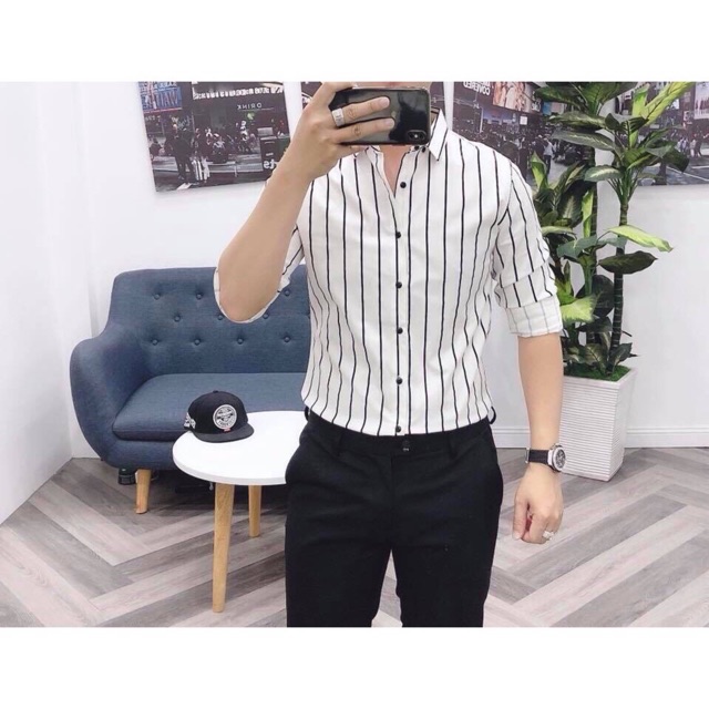 ÁO SƠ MI LỤA NAM KẺ SỌC DỌC THANH LỊCH SOÁI CA HÀNG CHUẨN FORM | BigBuy360 - bigbuy360.vn