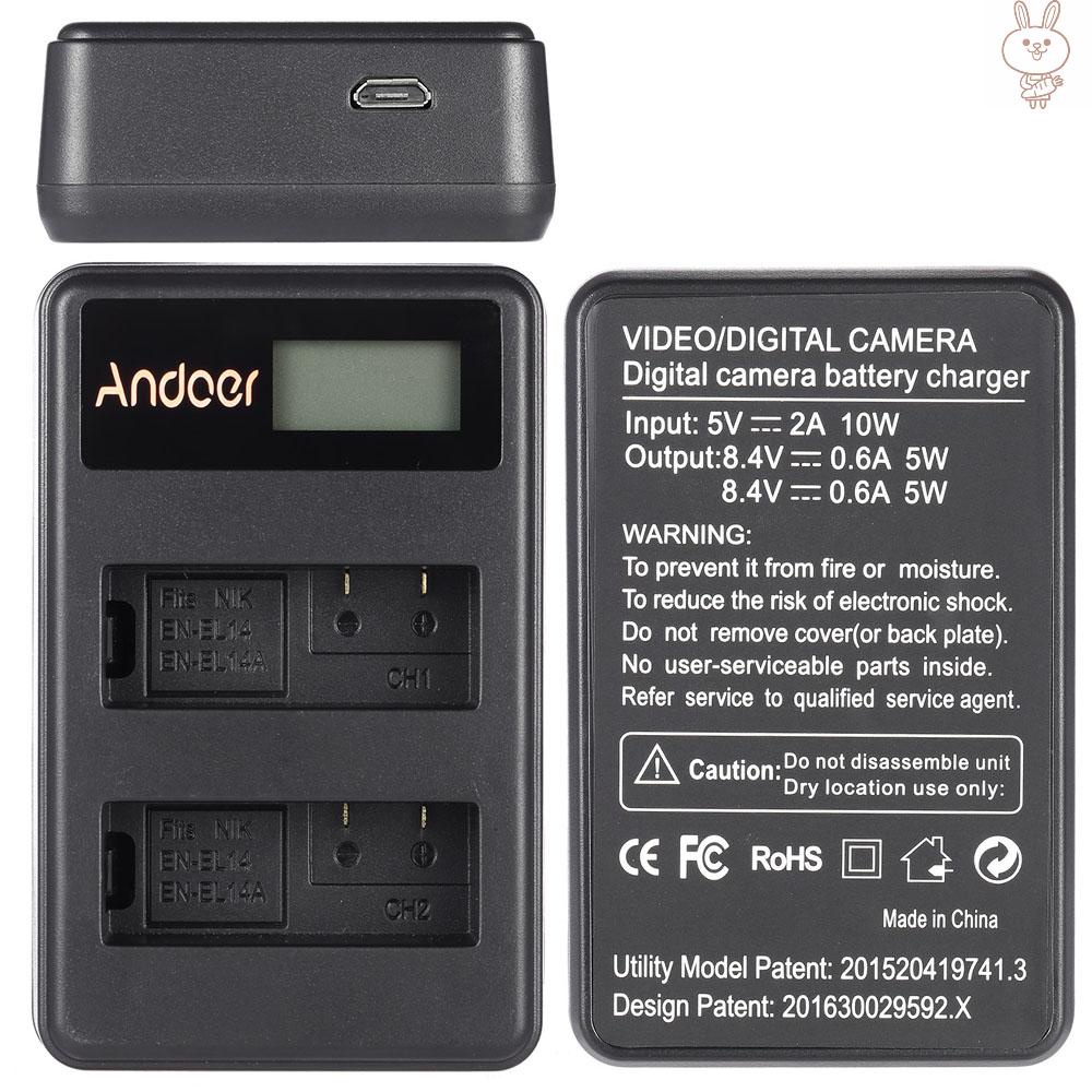 Bộ Sạc Pin Andoer En-El14 En-El14A Pin Li-Ion 2-slot Usb Cho D3100 D3200 D3300 D5100 D5200 D5300 D5500 Df7100 Dslr