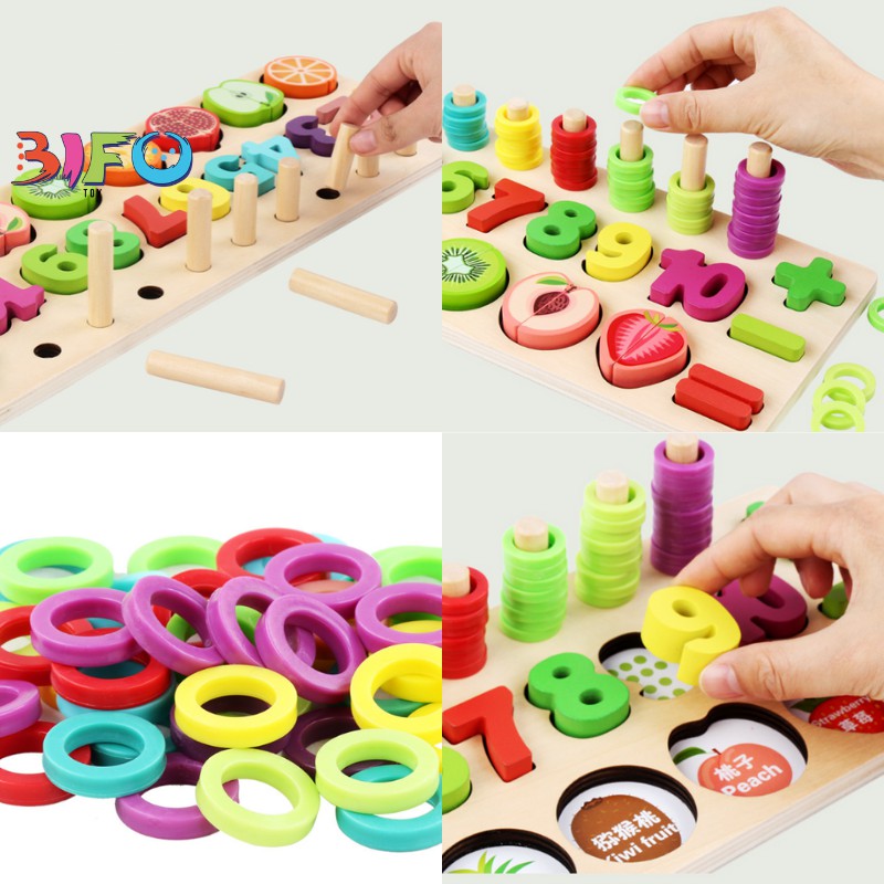 Bộ giáo cụ Montessori bằng gỗ học đếm số, tính khối cột và cắt hoa quả cho bé phát triển tư duy chính hãng Moondog