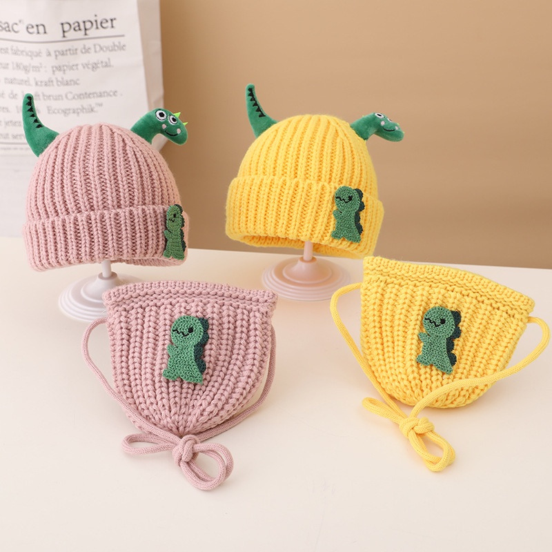 Mũ beanie đan len mềm mại họa tiết khủng long hoạt hình dễ thương thời trang thu đông cho bé