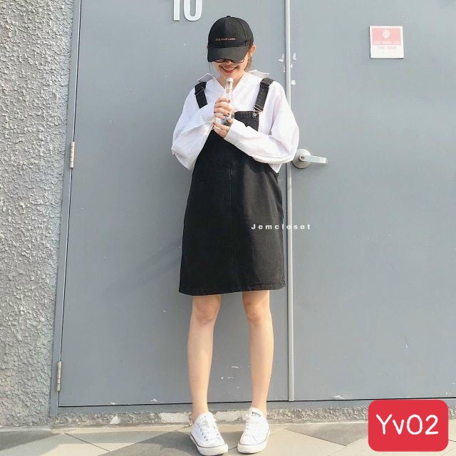 Váy yếm nữ đi biển chất bò, yếm váy nữ jean ngắn hàn quốc đen xanh trắng YV01