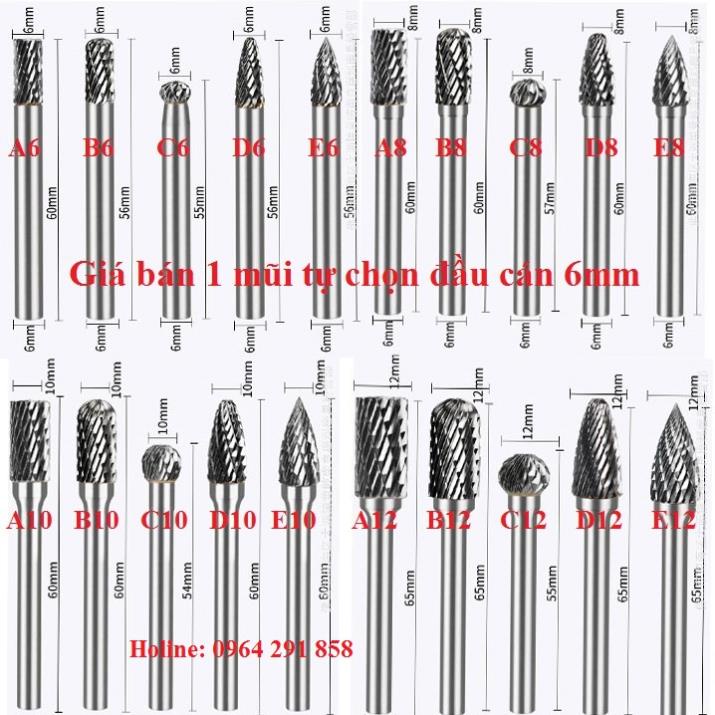 mũi mài khắc hợp kim trục 6mm - mũi doa hợp kim