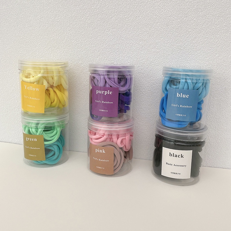 Hộp 20 buộc tóc phối màu cá tính, dây buộc tóc trơn kèm ống đựng trong suốt