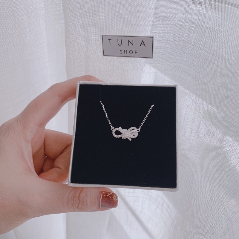 Dây chuyền Bạc hình nơ, Vòng cổ gắn đá Bạc nữ TUNA SILVER 𝐂𝐚𝐦 𝐤𝐞̂́𝐭 𝐜𝐡𝐮𝐚̂̉𝐧 𝐁𝐚̣𝐜