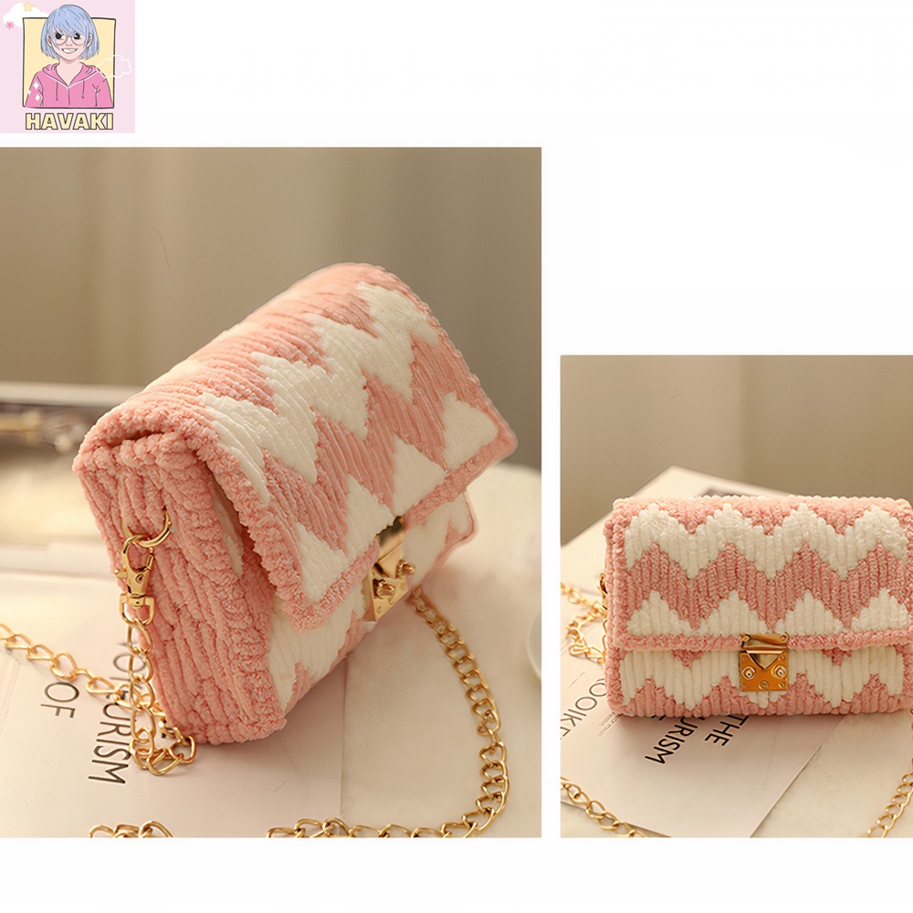 Túi len tự đan ziczac, túi handmade đeo chéo phối màu thời trang, túi tự đan, túi đan len - Phụ kiện đan túi HAVAKI