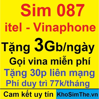 Sim data itel 087, Sim 0đ, Tặng 90Gb/tháng miễn phí gọi vina