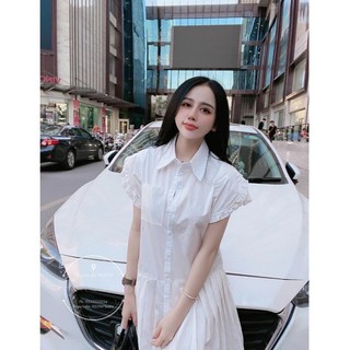Váy sơ mi nữ bèo tay xếp ly đuôi cá chất đũi lụa mềm mịn, màu trắng HB56TD