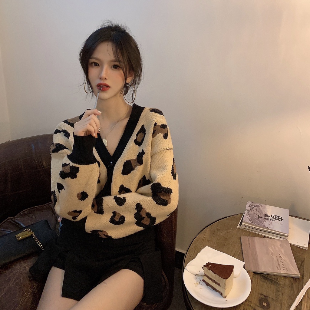 Áo Khoác Cardigan Dệt Kim Tay Dài Cổ Chữ V Họa Tiết Da Báo Thời Trang Thu Đông Cho Nữ