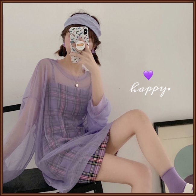 Đầm Hai Dây Màu Tím Kẻ Sọc Caro + Áo Sơ Mi Lưới Chống Nắng Thời Trang Dành Cho Nữ