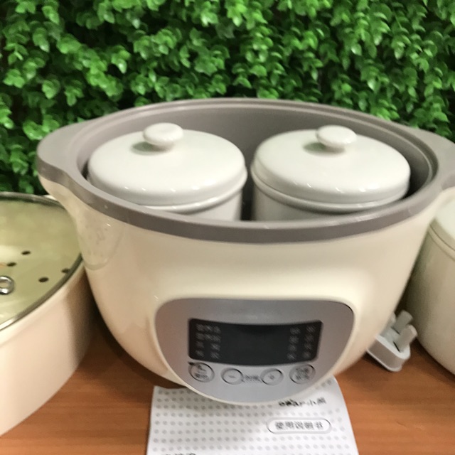 Nồi nấu cháo chậm, ninh, hầm cách thủy BEAR 1.6 lít - Bản đủ với 3 thố sứ và lồng hấp rau củ quả - [Bản quốc tế]