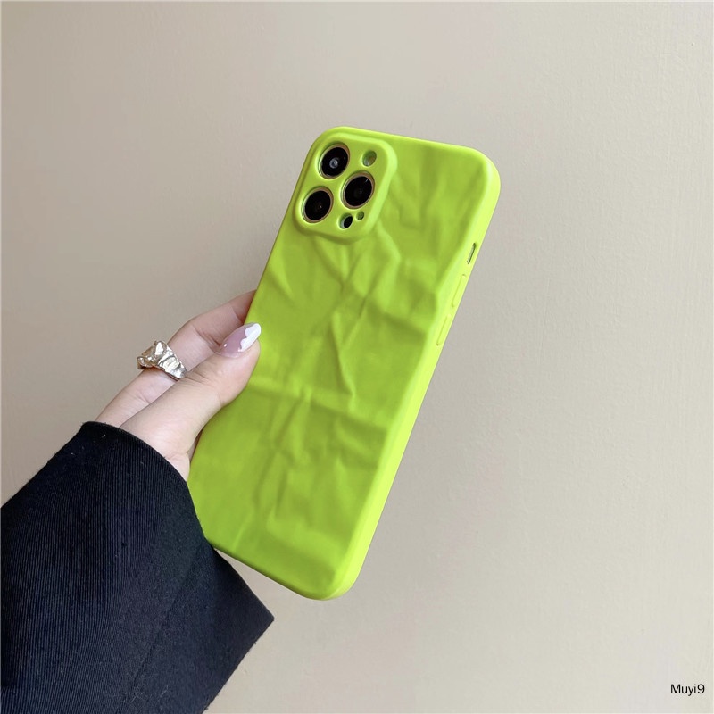 Bìa Mềm Ins Cá Tính Sáng Tạo Đơn Giản Gấp Gauffer Xanh Huỳnh Quang Cho iPhone15ProMax iPhone13promax12ProMAX I12 11PROMAX i13 Vỏ Mềm AirPods1 / 2 Vỏ AirPods Mới