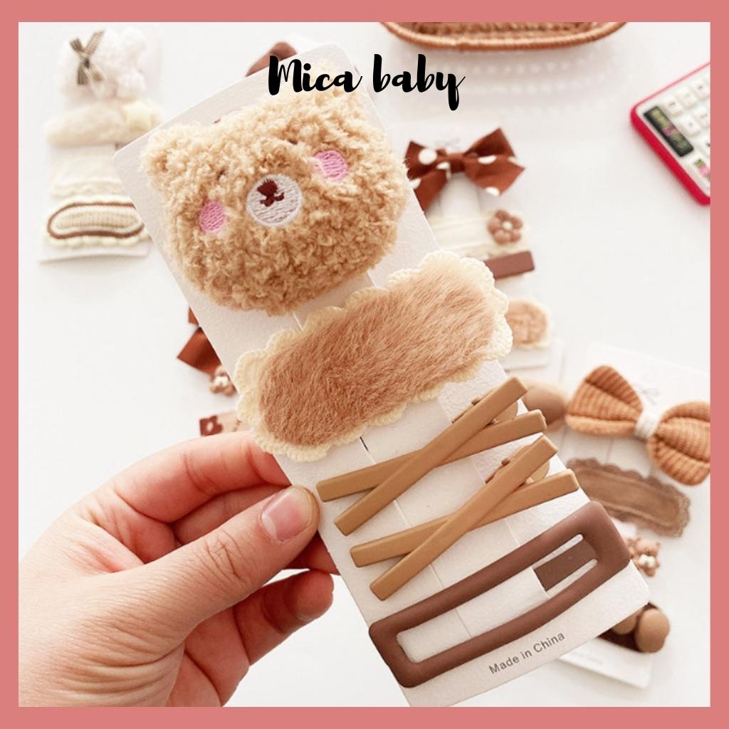 Set kẹp tóc nâu họa tiết dễ thương cho bé gái KT32 Mica Baby