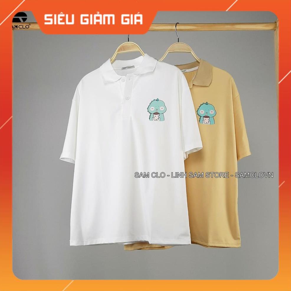 Áo thun Polo form rộng tay lỡ nữ SAM CLO phông freesize unisex mặc đi học, nhóm, lớp in hình KHỦNG LONG XANH TRÀ SỮA