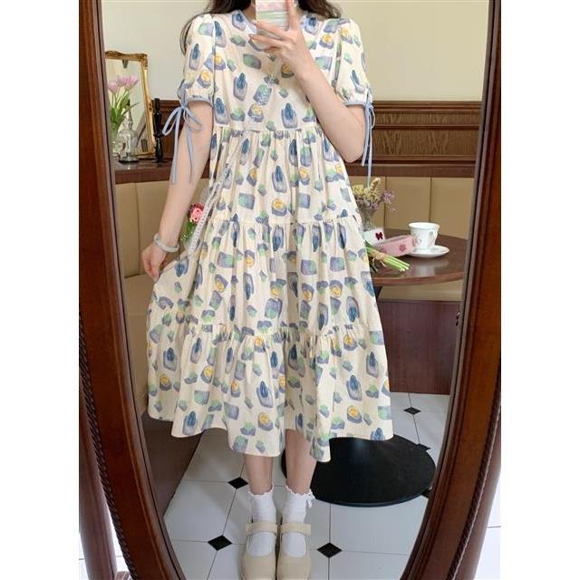 Đầm tay phồng lưng cao in họa tiết xinh xắn dành cho nữ