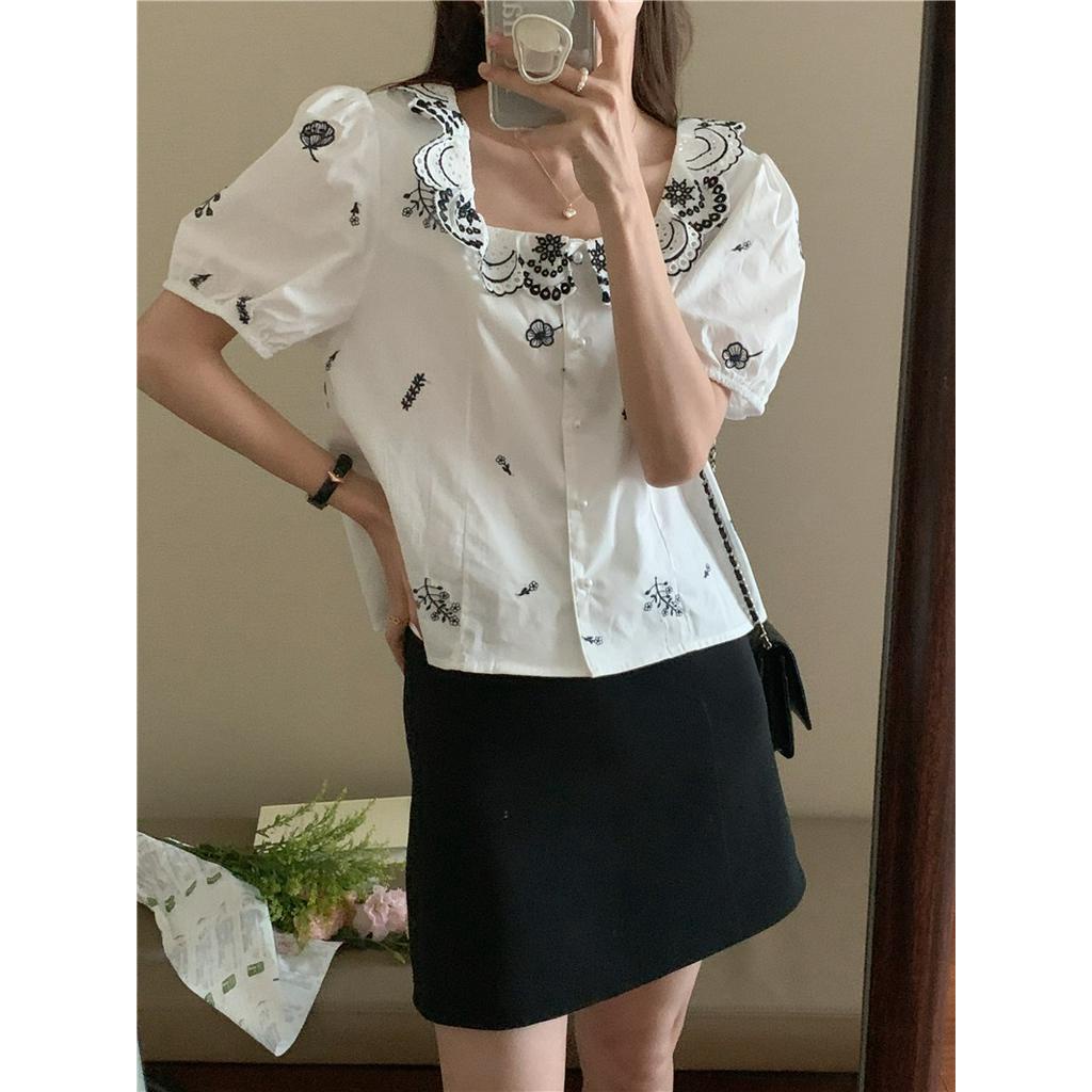 Áo Sơ Mi Ngắn Tay Thêu Họa Tiết Phong Cách Hàn Quốc 53508