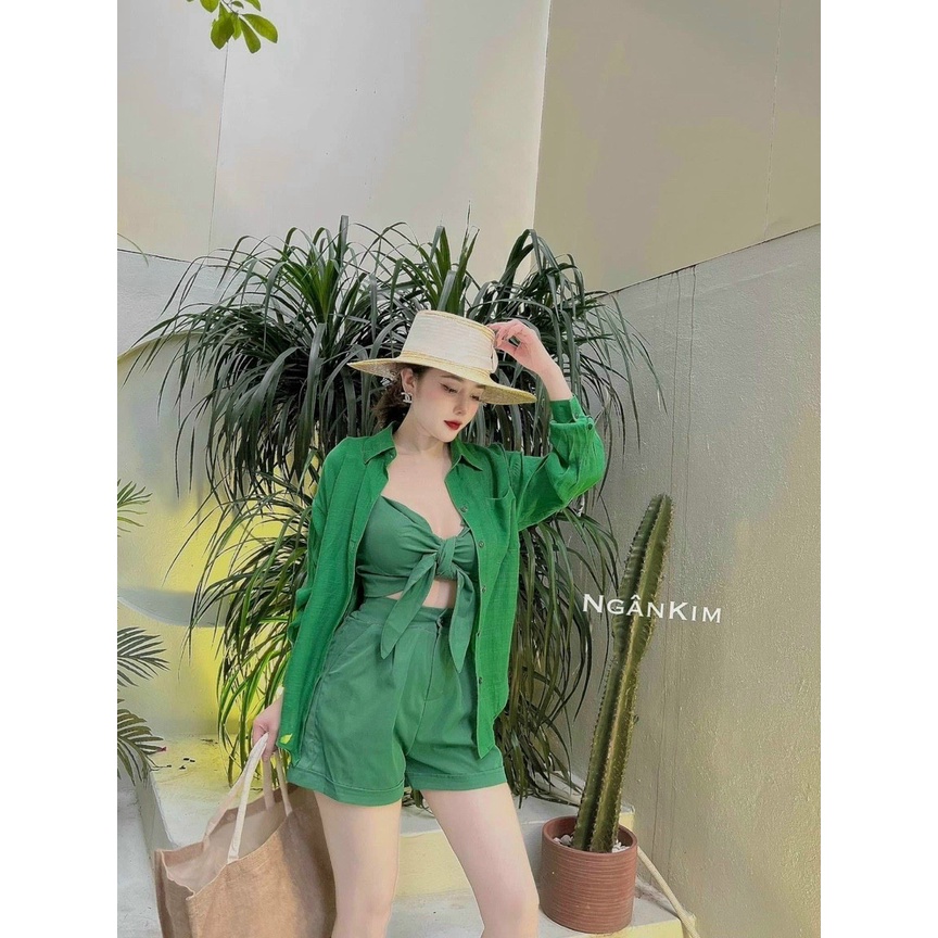 Set bộ 3 món croptop 2 dây, quần đùi from rộng kèm áo khoắc sơ mi, thích hợp cho nàng đi chơi, đi biển
