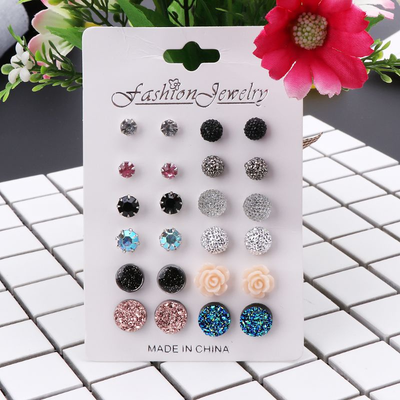 Set 12 cặp hoa tai dạng hạt tròn bằng nhựa resin đính đá pha lê dành cho nữ