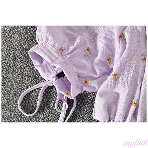 Áo sơ mi ngắn tay in hoa cúc nhỏ thắt nơ, áo sơ mi tay phồng