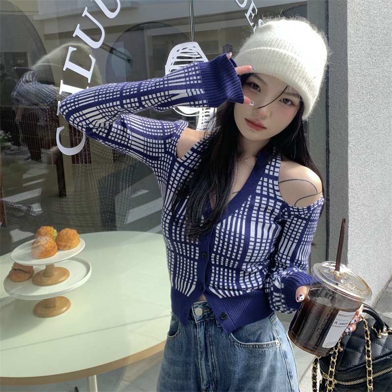 Áo cardigan ZHELIHANGFEI vải dệt kim cổ chữ V trễ vai quyến rũ thời trang