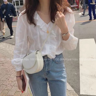 Áo sơmi cổ V bèo lệch tay măng séc vintage cute