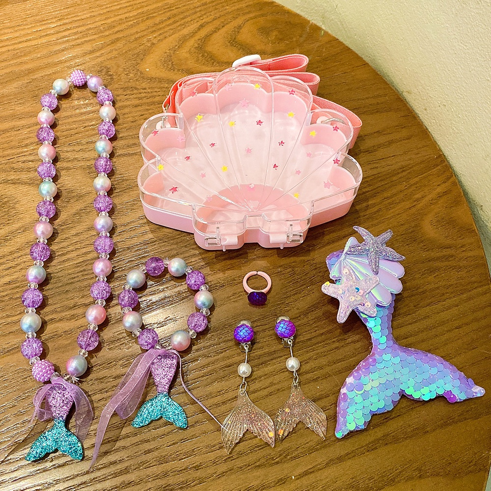 Hộp Quà Tặng Trang Sức Gồm Vòng cổ / Kẹp Tóc Mặt Hình Nàng Tiên Cá Hoạt Hình Dễ Thương Cho Bé Gái