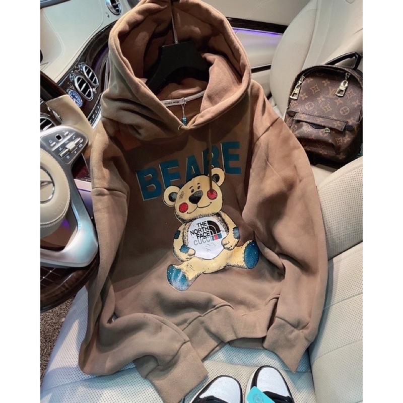 Áo khoác chui đầu hoodie nỉ ngoại có nón tay phồng in gấu unisex ulzzang nam nữ