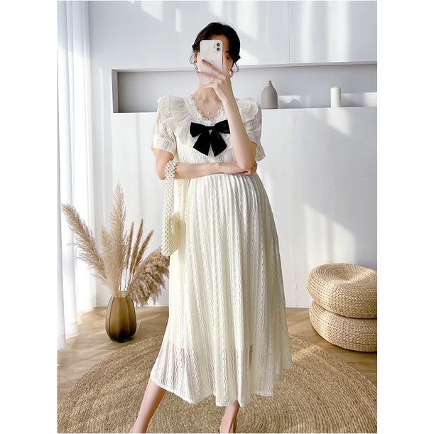 Váy đầm bầu cổ bèo nơ ren thiết kế công sở, dự tiệc cho mẹ bầu phong cách hàn quốc sang trọng, thanh lịch mới mùa hè