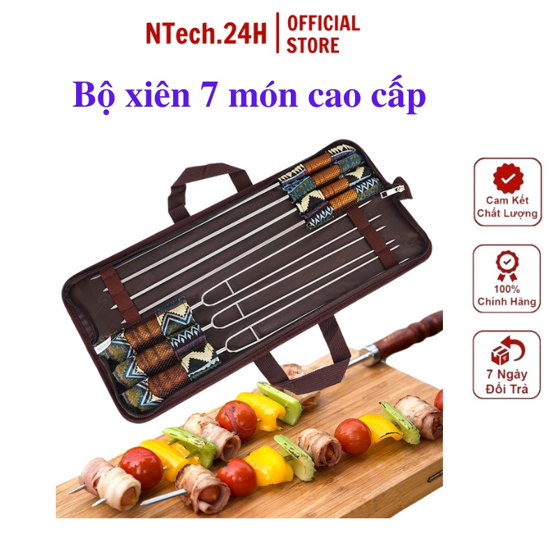 Bộ xiên nướng thịt 7 món inox cao cấp kèm túi đựng, que xiên thịt nướng dùng khi cắm trại dã ngoại