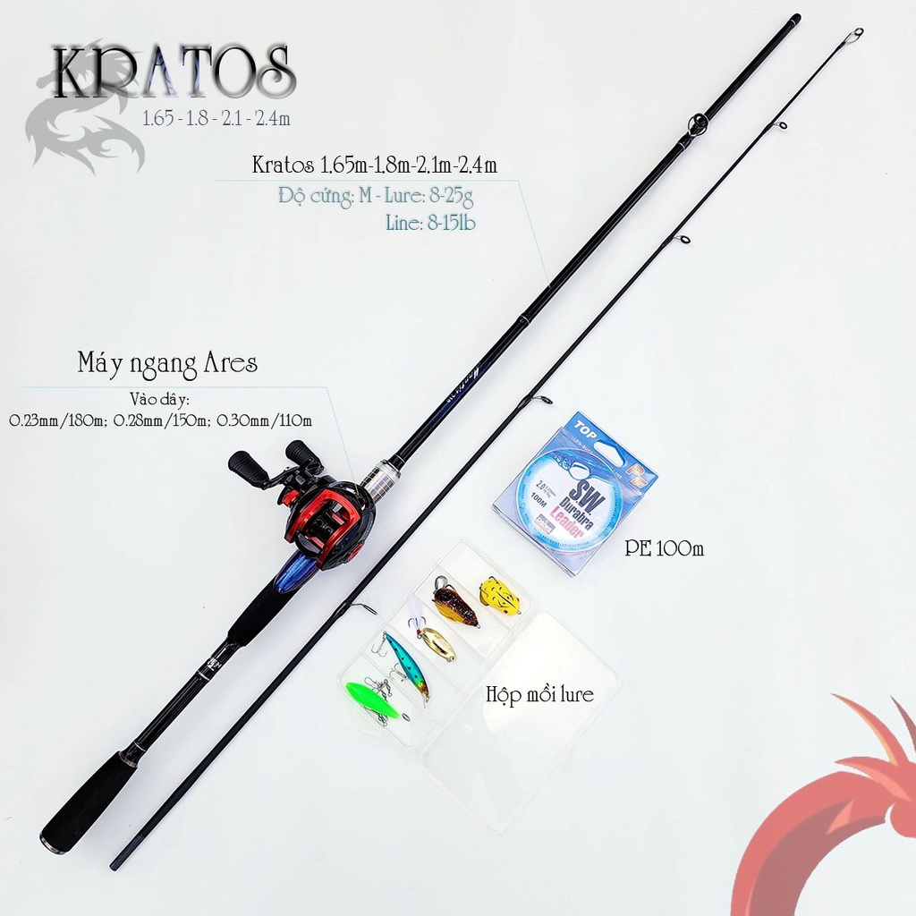 Bộ cần câu lure máy ngang cao cấp Kratos tặng kèm dây câu lure và bộ mồi câu