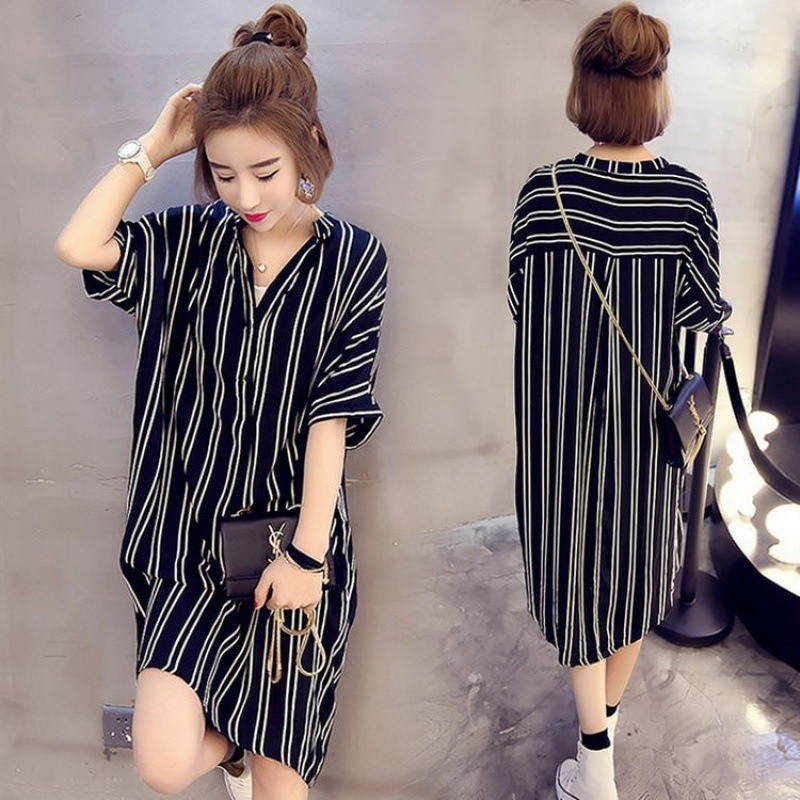 Đầm suông lửng kẻ sọc tay ngắn thời trang mùa hè kích thước L~5XL plus size cho 75kg