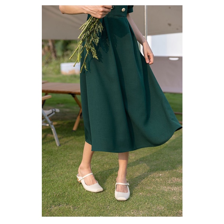 Đầm midi ngắn tay màu sắc retro xinh xắn cho nữ