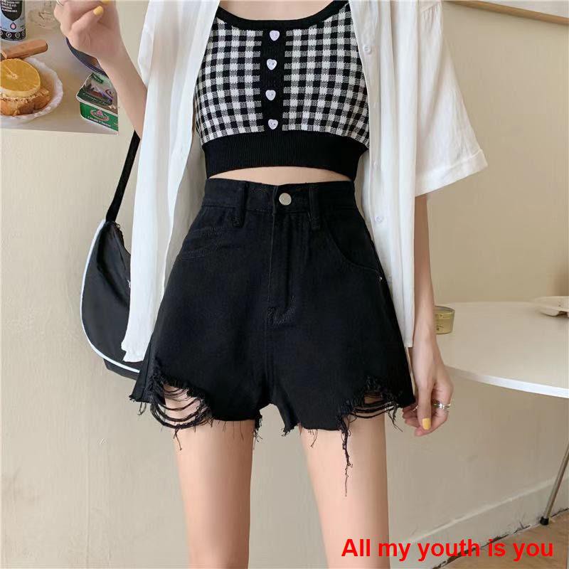 [Spot real shot 💕]quần soóc nữ   2021 new summer black ripped denim shorts for female students with high waist, loose, wide-leg, raw edge a-line hot pants trend