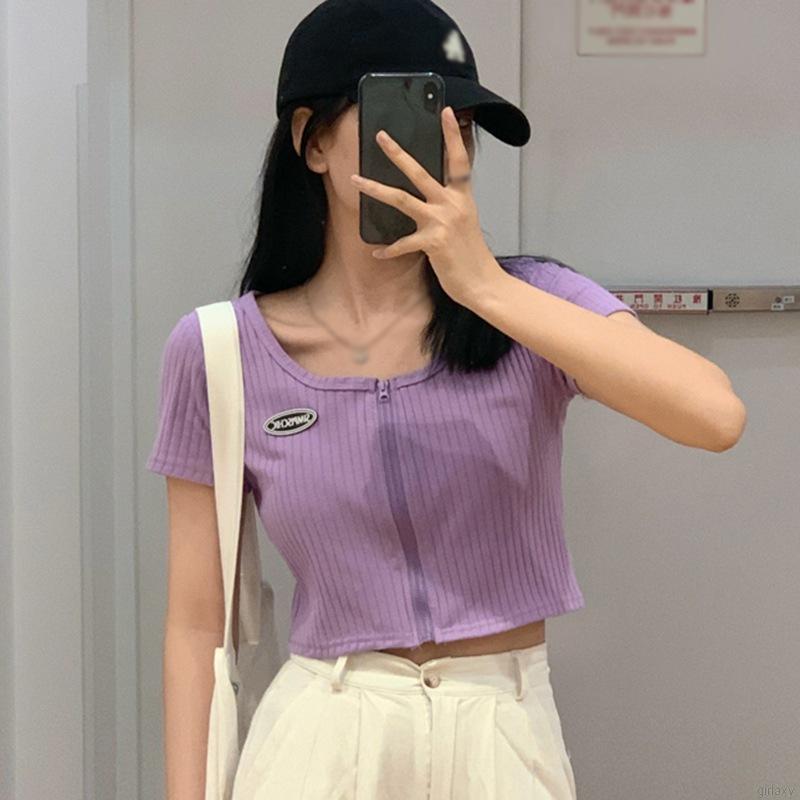 Áo Dệt Kim Ngắn Tay Cổ Vuông Phối Khóa Kéo Sành Điệu Kiểu Hàn Quốc