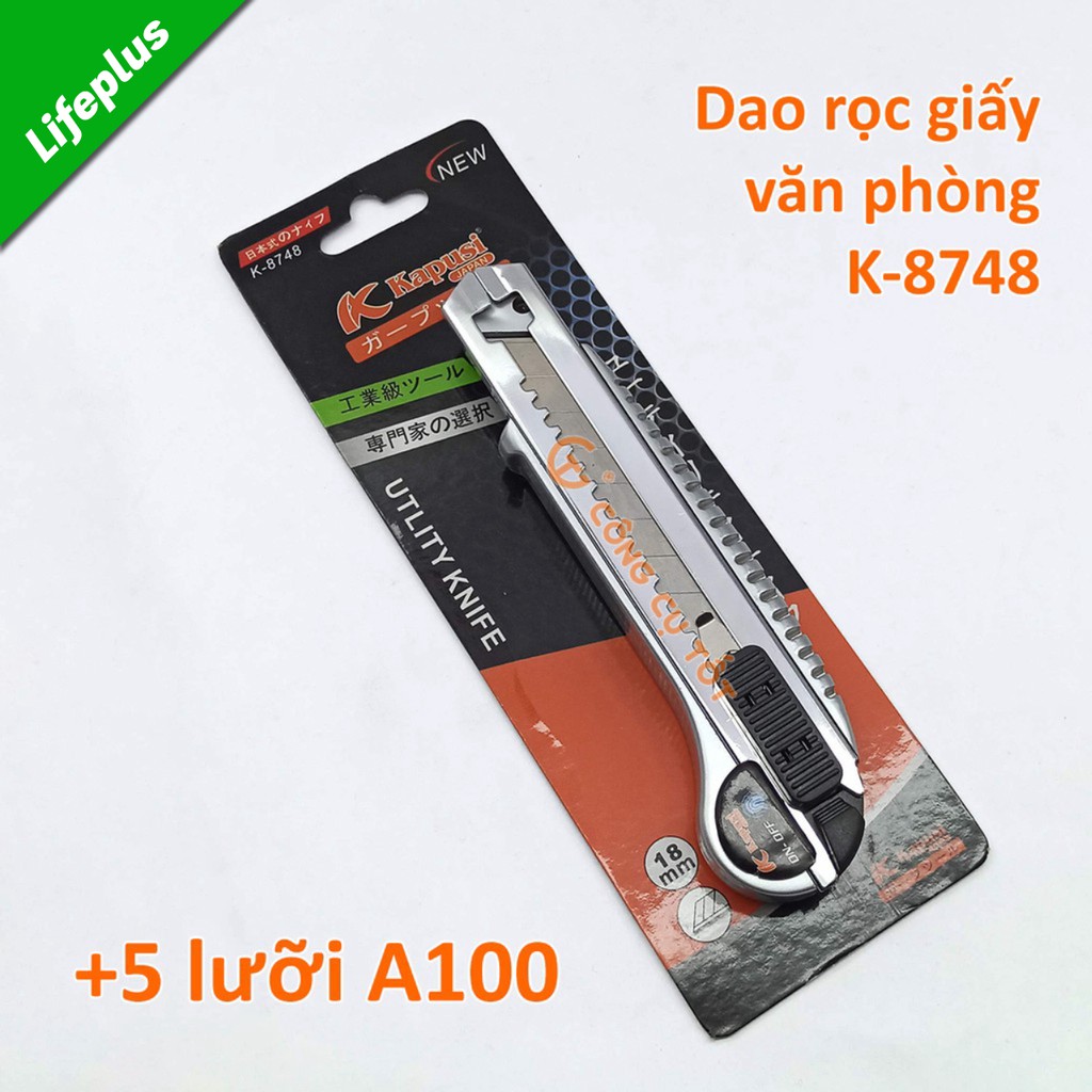 Dao rọc tiện ích kèm 5 lưỡi trắng bản rộng 18mm Kapusi K-8748