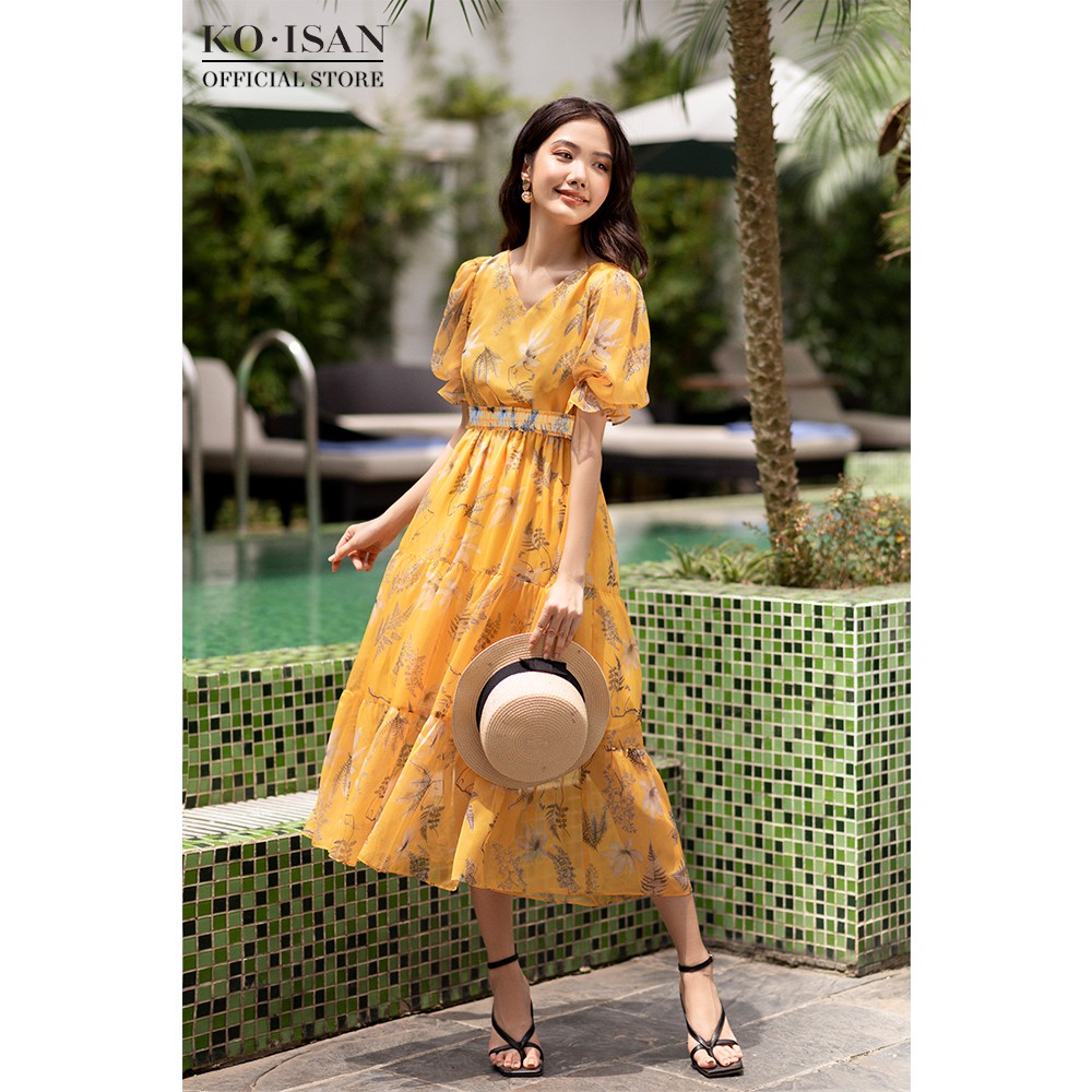 Đầm xòe hoa KO-ISAN cổ tim tay bồng nữ tính thanh lịch 21056647