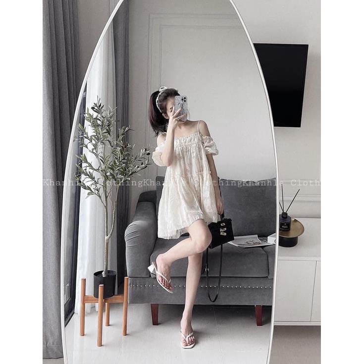 Váy đầm hai dây trễ vai hoa dập nổi xinh xắn tiểu thư Váy trễ vai bèo đi du lịch