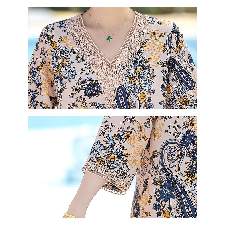 Đồ bộ trung niên nữ cho mẹ, Hàng Quảng Châu cao cấp, Bộ voan xanh dương Cổ chữ V V'vie Ladies #B22